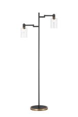 Erdi Swing Arm Floor Lamp 2 Light E14, Brass/Satin Black/Clear Uniform Dimple Cylinder Glass