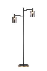 Erdi Swing Arm Floor Lamp 2 Light E14, Brass/Satin Black/Smoke Uniform Dimple Cylinder Glass