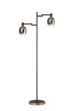 Erdi Swing Arm Floor Lamp 2 Light E14, Brass/Satin Black/Smoke Fade Wine Glass Glass