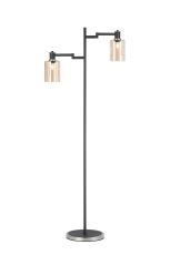 Erdi Swing Arm Floor Lamp 2 Light E14, Satin Nickel/Satin Black/Amber Uniform Dimple Cylinder Glass