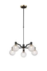 Erdi Swing Arm Telescopic Pendant, 5 Light E14, Brass/Satin Black/Clear Round Textured Diamond Pattern Glass