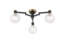 Erdi 62cm Swing Arm Flush Ceiling, 3 Light E14, Brass/Satin Black/Clear Round Textured Diamond Pattern Glass