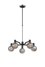 Erdi Swing Arm Telescopic Pendant, 5 Light E14, Satin Nickel/Satin Black/Smoke Plated Round Segment Glass