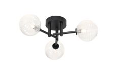 Gana 44.5cm Semi Flush Ceiling Round, 3 Light G9, IP44, Satin Black/Clear Ribbed Round Glass