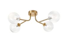 Gana Linear Semi Flush Ceiling, 4 Light G9, IP44, Brass Gold/Clear Ribbed Round Glass