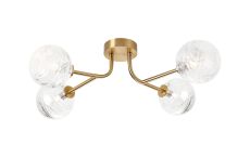 Gana Linear Semi Flush Ceiling, 4 Light G9, IP44, Brass Gold/Clear Dune Effect Round Glass