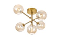 Gana Semi Flush Ceiling Tiered Adjustable Arms, 5 Light G9, IP44, Brass Gold/Amber Smooth Round Glass