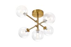 Gana Semi Flush Ceiling Tiered Adjustable Arms, 5 Light G9, IP44, Brass Gold/Clear Smooth Round Glass