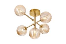 Gana Semi Flush Ceiling Tiered Adjustable Arms, 5 Light G9, IP44, Brass Gold/Amber Ribbed Round Glass