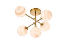 Gana Semi Flush Ceiling Tiered Adjustable Arms, 5 Light G9, IP44, Brass Gold/Brown Round Marble Effect Glass