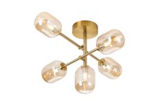 Gana Semi Flush Ceiling Tiered Adjustable Arms, 5 Light G9, IP44, Brass Gold/Amber Smooth Tubular Glass
