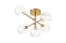 Gana Semi Flush Ceiling Tiered Adjustable Arms, 5 Light G9, IP44, Brass Gold/Clear Waved Round Glass