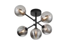 Gana Semi Flush Ceiling Tiered Adjustable Arms, 5 Light G9, IP44, Satin Black/Smoke Ribbed Round Glass