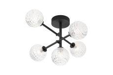 Gana Semi Flush Ceiling Tiered Adjustable Arms, 5 Light G9, IP44, Satin Black/Clear Cross Pattern Round Glass