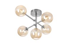 Gana Semi Flush Ceiling Tiered Adjustable Arms, 5 Light G9, IP44, Polished Chrome/Amber Smooth Round Glass