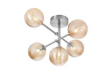 Gana Semi Flush Ceiling Tiered Adjustable Arms, 5 Light G9, IP44, Polished Chrome/Amber Ribbed Round Glass