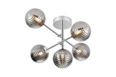 Gana Semi Flush Ceiling Tiered Adjustable Arms, 5 Light G9, IP44, Polished Chrome/Smoke Ribbed Round Glass