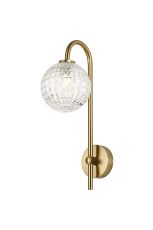 Gana Curved Arm Wall Light, 1 Light G9, IP44, Brass Gold/Clear Cross Pattern Round Glass