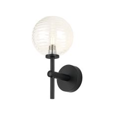 Gana Medium Arm Wall Light, 1 Light G9, IP44, Satin Black/Clear Ribbed Round Glass