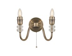 Lexo Wall Lamp Pull Switch (FRAME ONLY) Without Shade, 2 Light E27, Antique Brass/Clear Crystal