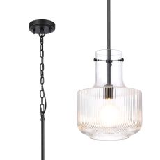 Romano Fluted Ribbed Glass Pendant, 1 x E27, Satin Black/Clear Glass