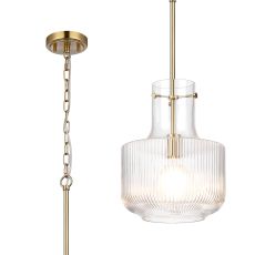 Romano Fluted Ribbed Glass Pendant, 1 x E27, Gold/Clear Glass