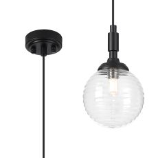 Notte 12cm Pendant, 1 Light G9, IP44, Satin Black/Clear Ribbed Round Glass