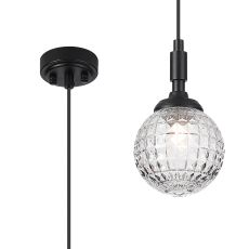 Notte 12cm Pendant, 1 Light G9, IP44, Satin Black/Clear Cross Pattern Round Glass