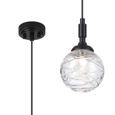 Notte 12cm Pendant, 1 Light G9, IP44, Satin Black/Clear Dune Effect Round Glass