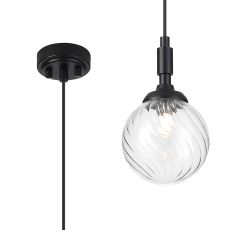 Notte 12cm Pendant, 1 Light G9, IP44, Satin Black/Clear Swirl Round Glass