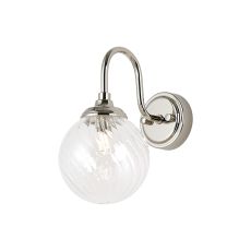 Notte Curved Arm Wall Light, 1 Light G9, IP44, Polished Nickel/Clear Swirl Round Glass