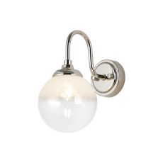 Notte Curved Arm Wall Light, 1 Light G9, IP44, Polished Nickel/White Two-Tone Snow Specks Round Glass