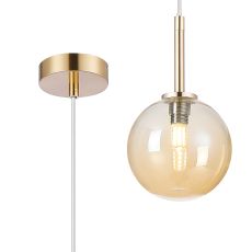Gana 12cm Adjustable Pendant, 1 Light G9, IP44, Brass Gold/Amber Smooth Round Glass