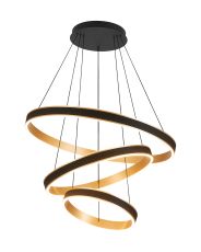Chiara 3 Tier 80+60+40cm Round Pendant, 180W LED, R/Cntrl Tuneable White 3000-6000K, 9000lm, Black Faux Leather/Brushed Gold, 3yrs Wrnty