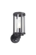 Faro Cylinder Wall Lamp With PIR Sensor, 1 x E27, IP44, Matt Black/Clear, 2yrs Warranty