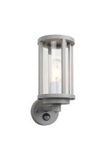 Faro Cylinder Wall Lamp With PIR Sensor, 1 x E27, IP44, Matt Silver/Clear, 2yrs Warranty