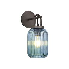Urasawa Wall Light Switched, 1 x E27, Aged Pewter With 14cm Tubular Ribbed Glass, Petrol Blue