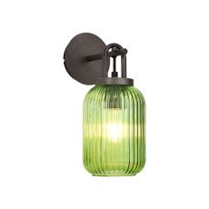 Urasawa Wall Light Switched, 1 x E27, Aged Pewter With 14cm Tubular Ribbed Glass, Green