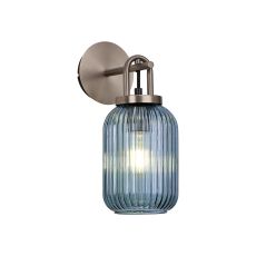 Urasawa Wall Light Switched, 1 x E27, Antique Silver With 14cm Tubular Ribbed Glass, Petrol Blue
