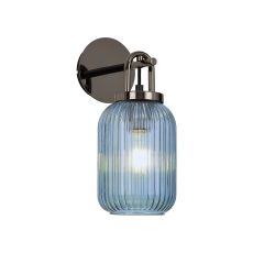 Urasawa Wall Light Switched, 1 x E27, Black Chrome With 14cm Tubular Ribbed Glass, Petrol Blue