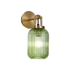Urasawa Wall Light Switched, 1 x E27, Brass Gold With 14cm Tubular Ribbed Glass, Green