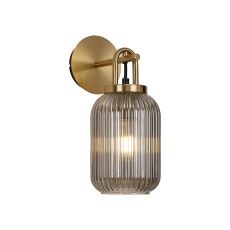 Urasawa Wall Light Switched, 1 x E27, Brass Gold With 14cm Tubular Ribbed Glass, Smoked