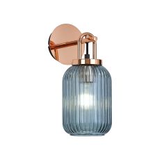 Urasawa Wall Light Switched, 1 x E27, Copper With 14cm Tubular Ribbed Glass, Petrol Blue