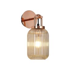 Urasawa Wall Light Switched, 1 x E27, Copper With 14cm Tubular Ribbed Glass, Champagne