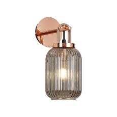 Urasawa Wall Light Switched, 1 x E27, Copper With 14cm Tubular Ribbed Glass, Smoked