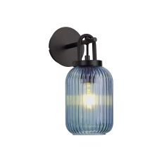 Urasawa Wall Light Switched, 1 x E27, Matt Black With 14cm Tubular Ribbed Glass, Petrol Blue