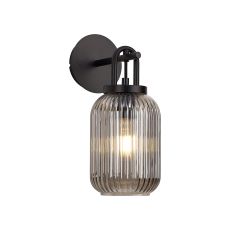 Urasawa Wall Light Switched, 1 x E27, Matt Black With 14cm Tubular Ribbed Glass, Smoked