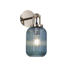 Urasawa Wall Light Switched, 1 x E27, Polished Nickel With 14cm Tubular Ribbed Glass, Petrol Blue