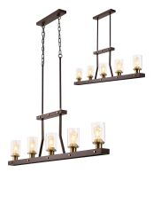 Brunello Linear Pendant/Semi Flush 5 Light E27, Brown Oxide/Gold Bronze With Clear Glass Shades