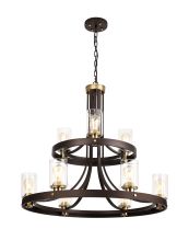 Brunello 90cm 2 Tier Round Pendant 3+6 Light E27, Brown Oxide/Gold Bronze With Clear Glass Shades